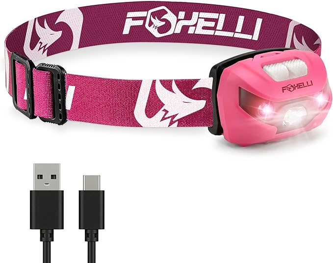 Foxelli USB-C Rechargeable LED Headlamp – Super Bright, Lightweight Head Lamp for Running, Camping, Hiking & Work – Comfortable Fit for Adults & Kids
