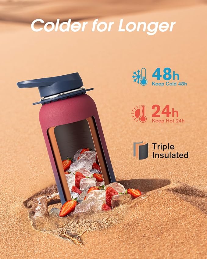 Coolflask Water Bottle with Straw, 40 oz Insulated Metal Water Flask with Straw & Spout Lids, Stainless Steel Double Wall Vacuum, Keep Cold 48h Hot 24h, Leak Proof, BPA-Free, Wine/Navy