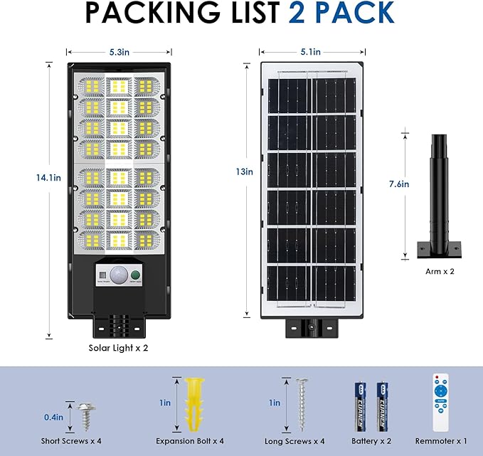 2-Pack Solar Street Lights Outdoor, 20000LM Waterproof LED Solar Flood Lights with Motion Sensor, 6500K Dusk to Dawn Solar-Powered Light Remote Control for Outside, Security Lights for Yard Driveway