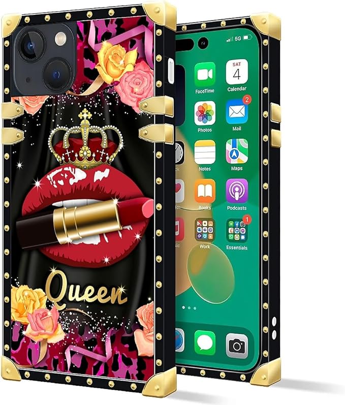 Compatible with iPhone 14 Case, Queen Lip Crown Leopard Print Luxury Golden Decoration for Girl Women Soft TPU Shockproof Protective Hard PC Back for iPhone 14