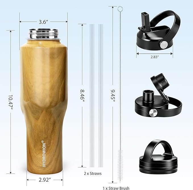 HYDROWION Water Bottle Stainless Steel,Vacuum Insulated Leak Proof Tumbler 32oz with Straw Lid, Spout Lid and Flex Cap(Cold for 48 Hrs, Hot for 24 Hrs), Fit in Any Car Cup Holder, Wood