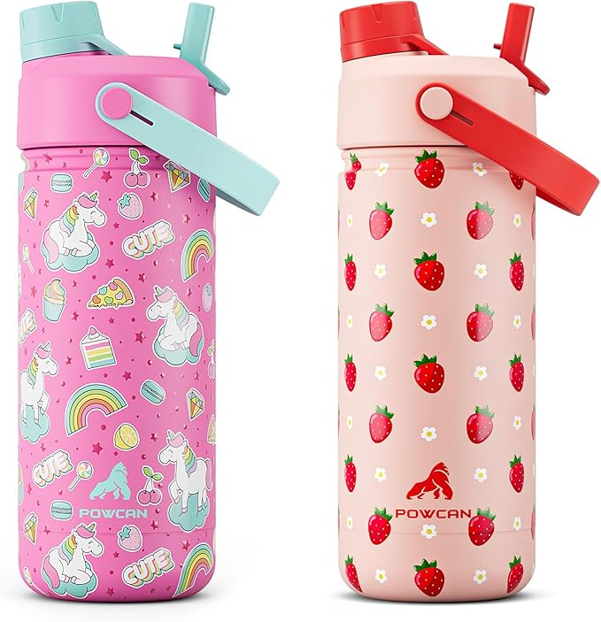 POWCAN 2 Pack 18 oz Insulated Water Bottle for School: Leakproof, 2-in-1 Straw Spout Lid, BPA-Free, Keep Cold 24 Hrs, Stainless Steel Cup for Sports, Trip, Gift (Cute Unicorn & Strawberry Daisy)