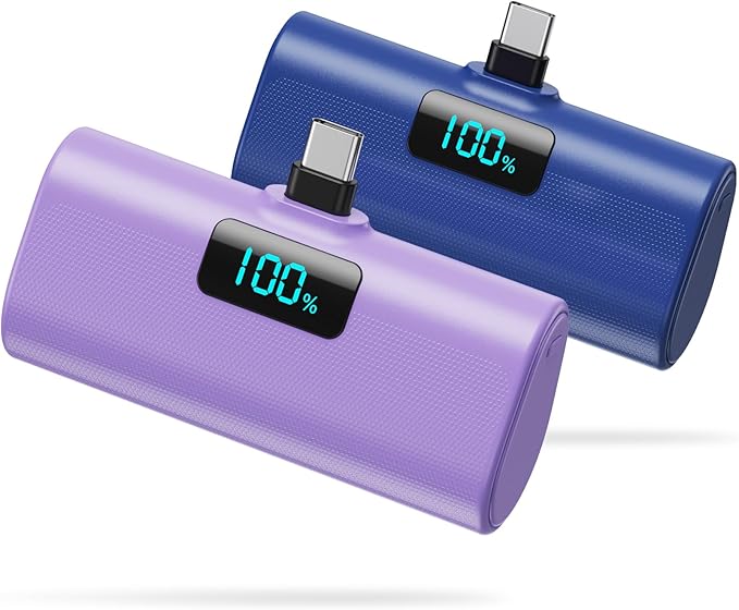 [2-Pack]Small Portable Charger 5200mAh, Upgraded PD USB C Power Bank Built-in USB-C Connector,LCD Display Battery Pack Compatible with iPhone 15/15 Plus/15 Pro/15 Pro Max/Samsung Android(Blue+Purple)