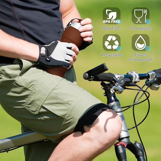 Collapsible Lightweight 20oz Water Bottle, Food-Grade Silicone BPA Free, Foldable Portable Leak Proof Office Travel Cycling Sports Outdoor Water Bottle with Vertical Hook (brown, long nozzle)