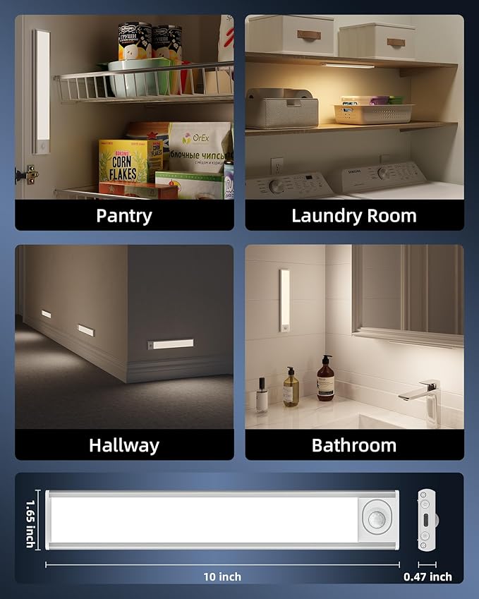 10inch Under Cabinet Lighting, 6-Pack Rechargeable Motion Sensor Light Indoor, Magnetic Closet Lights, Dimmable & 3 Color Temps, Wireless Under Counter Lights for Kitchen, Stairs