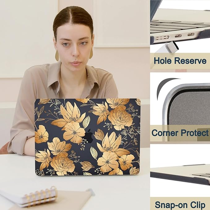 Hard Shell for MacBook 12 inch Case Retina 2015 2016 2017 Release (Model A1534),Plastic Protective Laptop Cover & Keyboard Cover Skin for Apple MacBook Air 12",Blue Gold Floral
