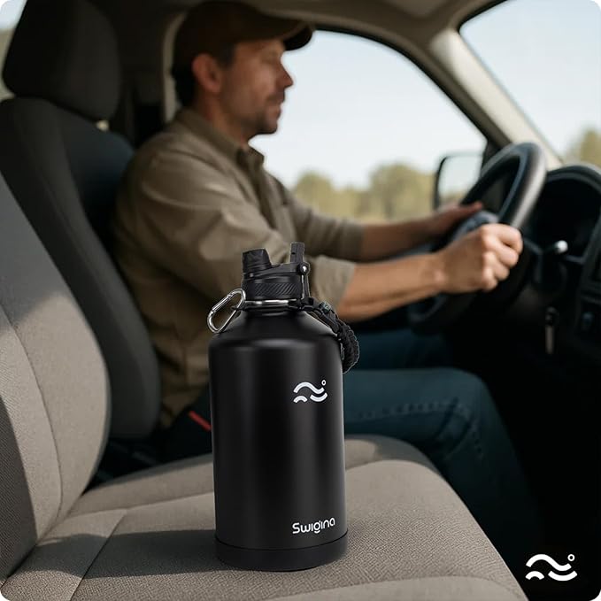 Swigina [2-IN-1 LID] Gallon Insulated Water Bottle with Silicone Boot (48hrs Cold/24hrs Hot) - DIY Stickers, Leakproof, BPA Free, 128 oz