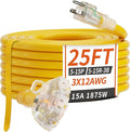 PlugSaf 25 FT 12/3 Gauge Outdoor Extension Cord with Multiple Outlets Light Indicator, Flexible 3 Outlet Weatherproof Heavy Duty Extension Cord Waterproof Yellow, 15A 1875W 12AWG SJTW, ETL Listed