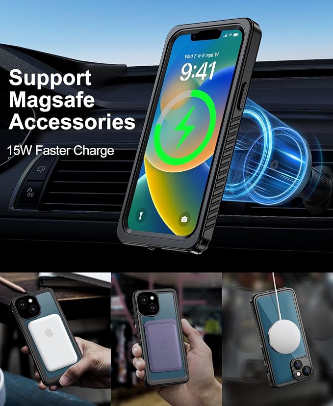 Beeasy for iPhone 13 Waterproof Case Compatible with Magsafe IP68 Underwater Military Grade, Phone Case with Shockproof, Dustproof, Rugged 360 Full Body Protection Cover Black