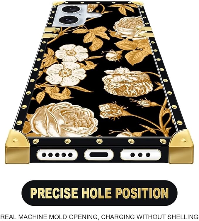 Compatible with iPhone 16 Plus Case, Blooming Rose Golden Flower Luxury Golden Decoration for Girl Women Soft TPU Shockproof Protective Hard PC Back for iPhone 16 Plus