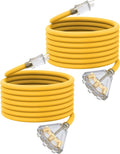 25Ft 12 Gauge Outdoor Extension Cord with 3-Outlets, 2 Pack, Heavy Duty 3 Prong Extension Cord Waterproof with Lighted end, 15A SJTW, ETL Listed, Yellow