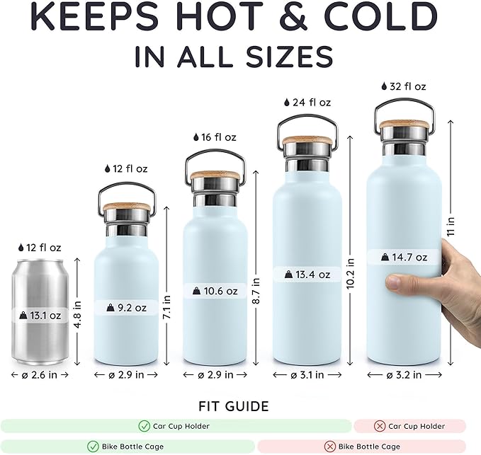 Bambaw 16 oz Stainless Steel Water Bottle, Insulated Water Bottle with Handle, Portable & Easy to Carry, Keeps Drinks Cold for 24h Cold & Hot for 12h, Durable, Lightweight & Reusable (Ice Blue)