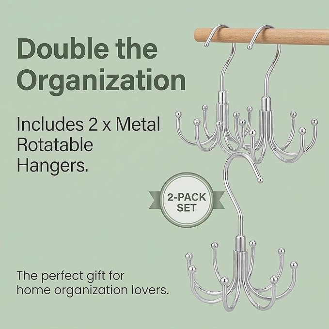 Rotatable Belt Hanger & Closet Organizer, 2 Pack - 48 Storage Capacity, 360° Swivel Hooks, Heavy-Duty Metal Holder for Bras, Tops, Ties, Scarves