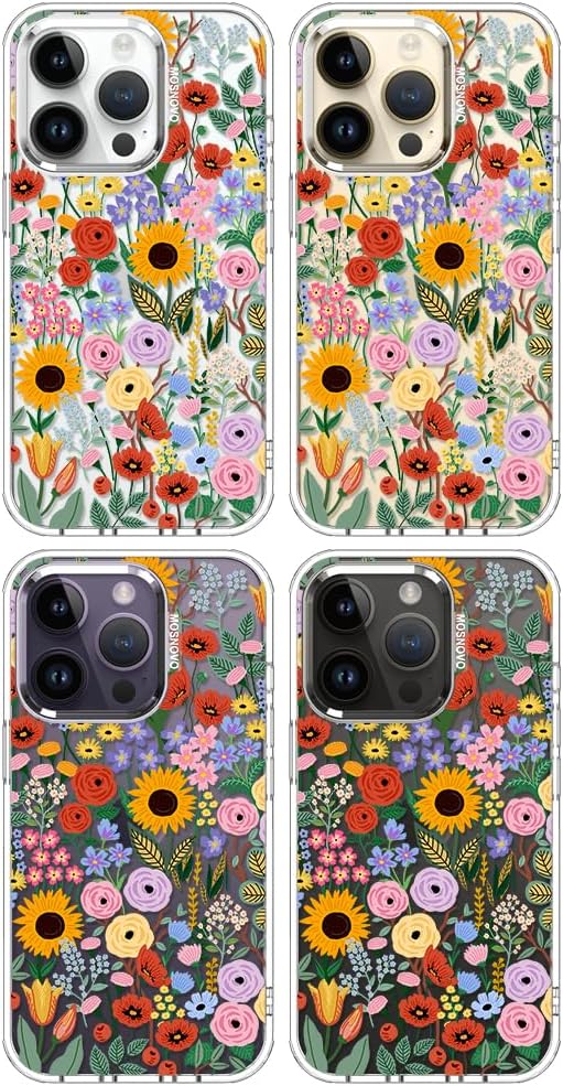 MOSNOVO Case for iPhone 14 Pro, [Buffertech 6.6ft Military-Grade Drop Protection] [Anti Peel Off Tech] Clear TPU Bumper Phone Case Cover Design - Blossom & Bloom