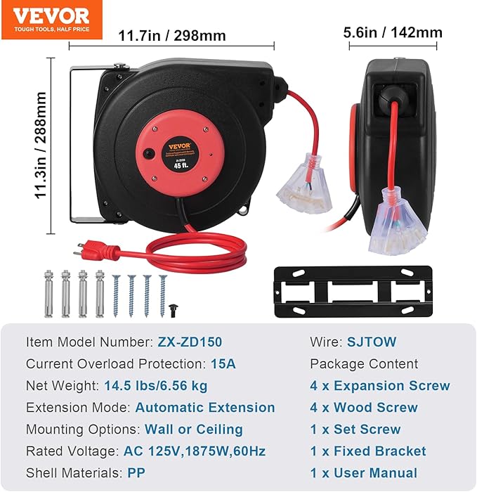 VEVOR Retractable Extension Cord Reel, 45 FT, Heavy Duty 12AWG/3C SJTOW Extension Power Cord with Lighted Triple Tap Outlet, 15A Circuit Breaker 180° Swivel Bracket for Ceiling or Wall Mount, Red