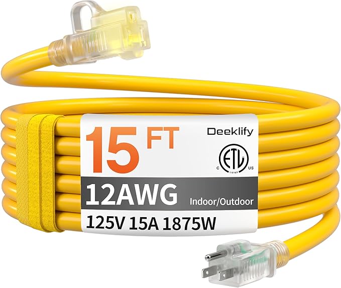 12AWG 15 FT Heavy Duty Outdoor Extension Cord Waterproof with Lighted End, 12 Gauge Extension Cord Flexible and Cold Resistant 3 Prong Grounded Plug,Yellow 15Amp 1875W SJTW ETL Listed