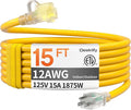12AWG 15 FT Heavy Duty Outdoor Extension Cord Waterproof with Lighted End, 12 Gauge Extension Cord Flexible and Cold Resistant 3 Prong Grounded Plug,Yellow 15Amp 1875W SJTW ETL Listed