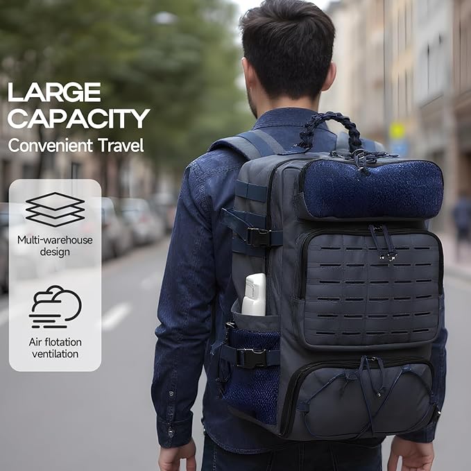 Tactical Backpack for Men, Military Backpack with Shoe Compartment, Travel Hiking Hunting Gear Bag with Molle System, Blue