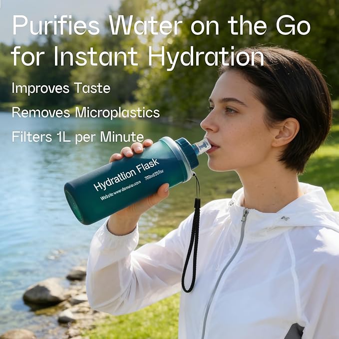GUYI 500ml Collapsible Water Filter Bottle, Removes Impurities, BPA Free, Ultralight for Hiking, Camping, Cycling & Travel-Dusty Blue