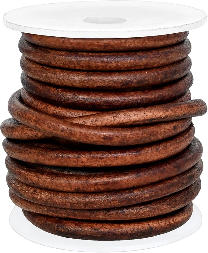 GENIQUE Real/Genuine Round Leather String Cord for Necklace, Bracelets, Jewellery, Braiding (5mm, Red Brown Distressed)