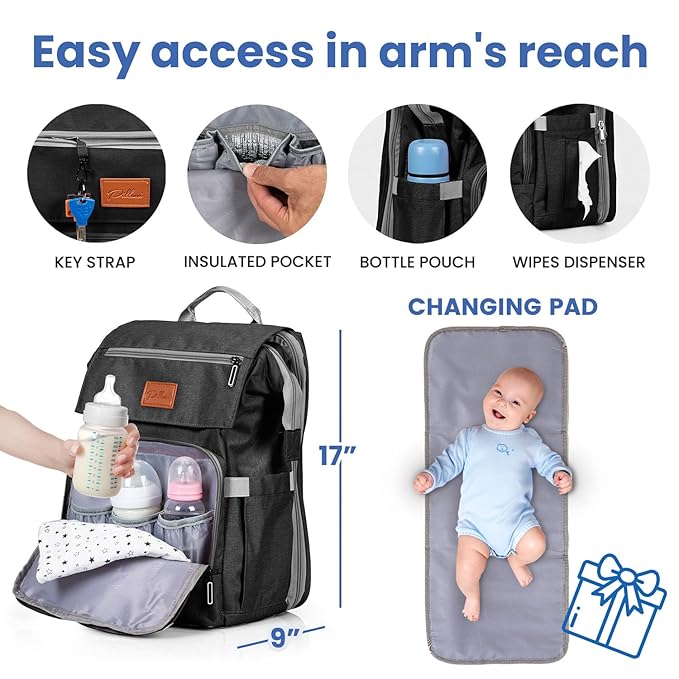 PILLANI Baby Diaper Bag Backpack - Baby Bags for Girls & Boys, Large Waterproof Diaper Backpack - Baby Shower Gifts & Registry Must Haves - Travel Diaper Bags with Changing Pad - Stuff for Newborn