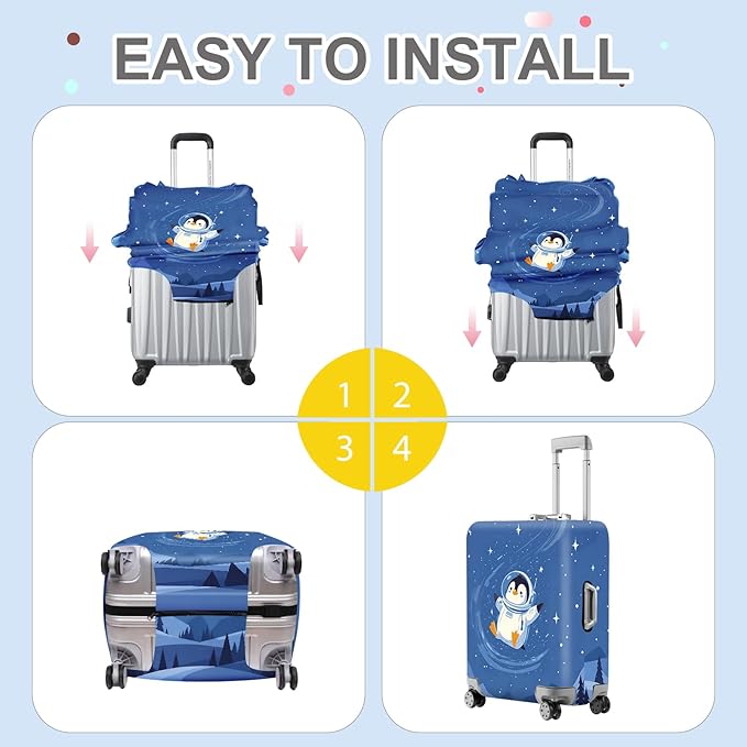 ANNA QUEEN Astronaut Penguin Luggage Cover, Cute Space Penguin Design Suitcase Protector, Washable Stretchable Travel Sleeve for 28-30 Inch Luggage