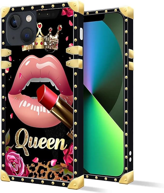 Compatible with iPhone 13 Case, Glitter Red Rose Queen Leopard Lipstick Luxury Golden Decoration for Girl Women Soft TPU Shockproof Protective Hard PC Back for iPhone 13