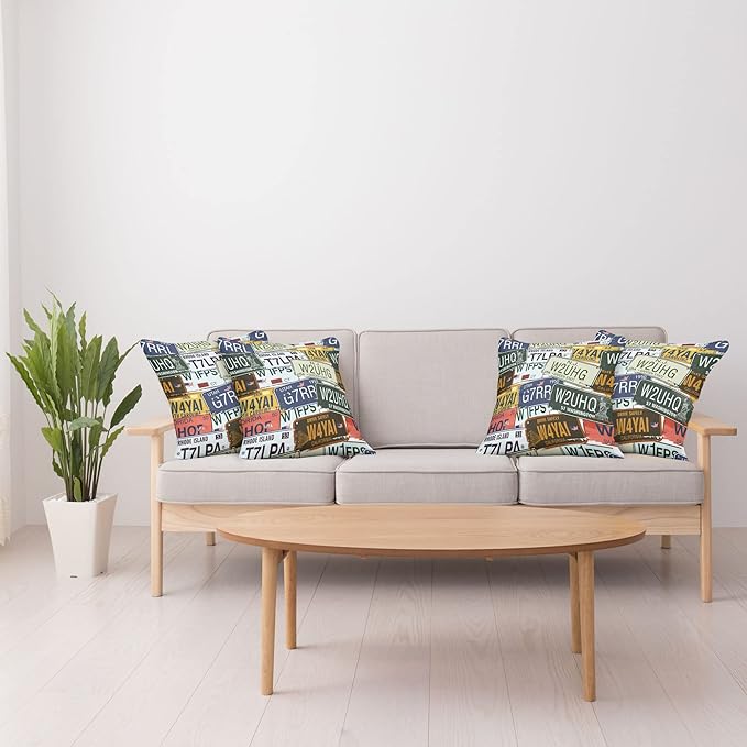 Ambesonne Vintage Decorative Throw Pillow Case Pack of 4, Original Retro Style License Plates Personalized Creative Travel Vacation, Cushion Cover for Couch Living Room Car, 16", Blue Green