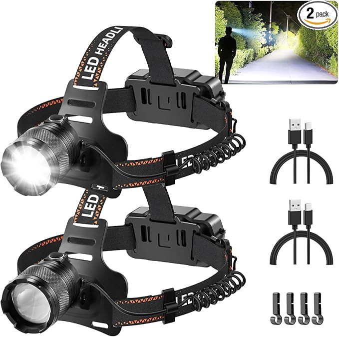 Super Bright Aluminum Headlamp 2Pack, Rechargeable Headlamp High Lumen, 90° Adjustable Focus Head Lights for Forehead, Head Lamps LED Rechargeable, Waterproof Headlamps for Adults Camping Hard Hat