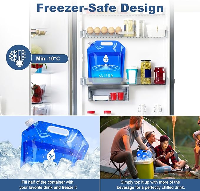 SOCATER Water Container Bags, 4 Packs BPA Free No-Leak Foldable Plastic 1.3 Gallon Water Container Bag for Camping Hiking Backpack Emergency Storage Jug