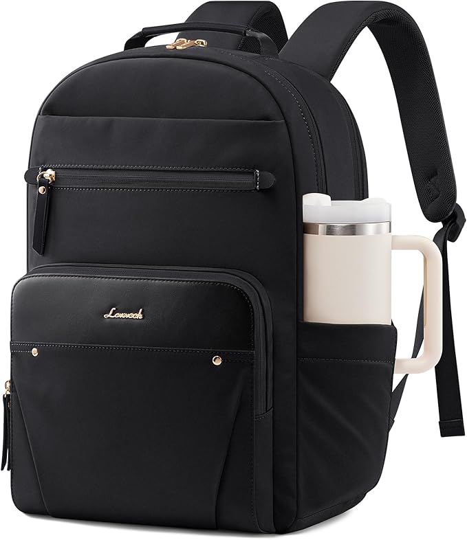 LOVEVOOK Laptop Backpack for Women with Leather Trim & Tumbler Pockets, 17.3" Work Backpack Purse, Travel Personal Item Bag, Carry On Business Computer Bag for Office, School, or Gift, Black