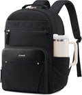 LOVEVOOK Laptop Backpack for Women with Leather Trim & Tumbler Pockets, 15.6" Work Backpack Purse, Travel Personal Item Bag, Carry On Business Computer Bag for Office, School, or Gift, Black