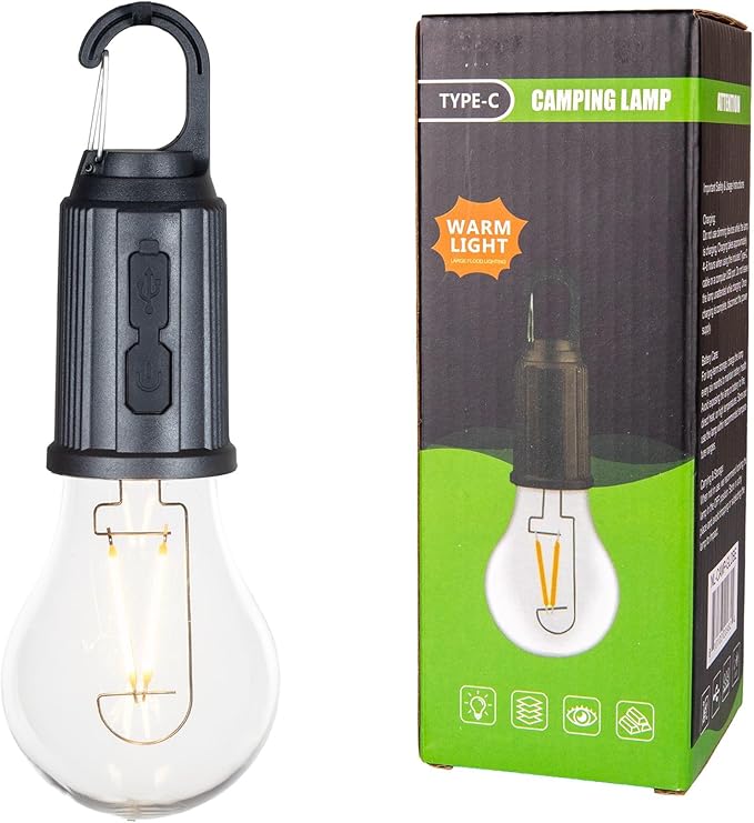 Rechargeable Camp Light, Warm White LED Globe Bulb, Battery Powered with USB-C, Shatterproof Globe on Carabiner, 3 Brightness Levels