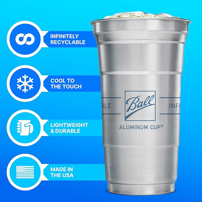 Top Cup Aluminum Cups, 12 oz Reusable Party Cups, Cold-Holding, Recyclable, 12 oz Cup, 50 Cups Per Pack, Made in USA