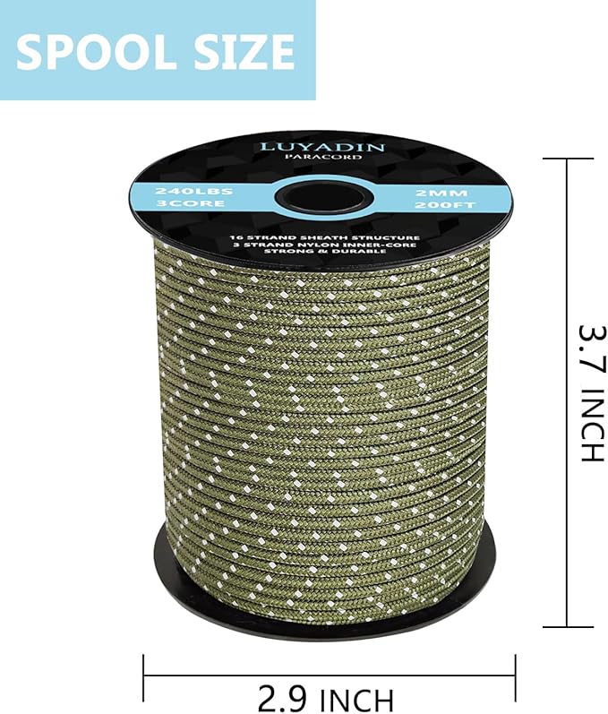 Reflective Paracord 240lb - Diameter 2mm Micro Utility Cord -3 Strand Parachute Spool Cord - 100ft 200ft,Paracord for Camping,Hiking,Fishing,Outdoor and DIY