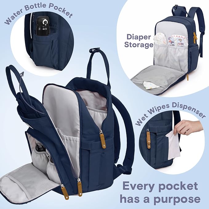 RUVALINO Diaper Bag Backpack-Multifunction Baby Travel Bag with Changing pad, Insulated Bottle Holders & Pacifier Case, Large Capacity, Waterproof, Peacock Blue