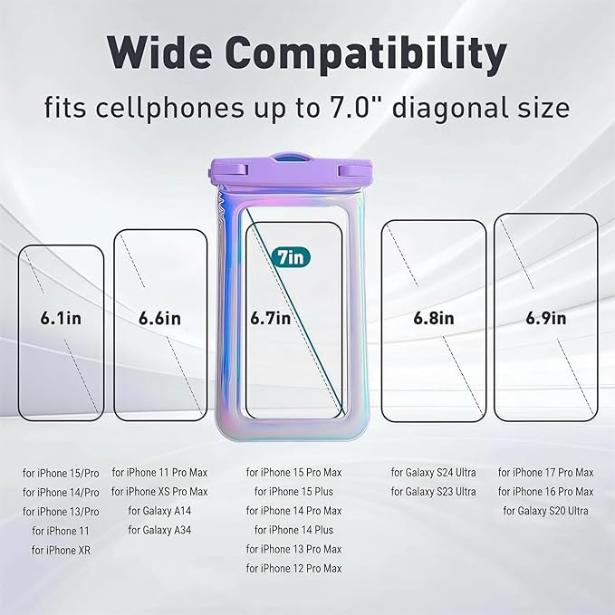 2 Pack Foweroty Floatable Waterproof Phone Pouch Case for iPhone 17 16 Pro Max/15/14/13/12, IP68 Travel Cellphone Dry Bag Beach Cruise Ship Essentials Bags with Crossbody Lanyard, Iridescent Purple-7″