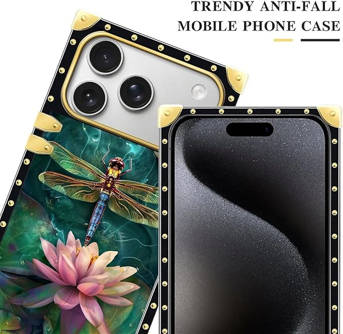 for iPhone 17 Pro Max Case Luxury Golden Decoration for Girl Women Soft TPU Shockproof Protective Hard PC Back for iPhone 17 Pro Max Crazy Pattern Colourful Dragonfly Pink Lily Pads
