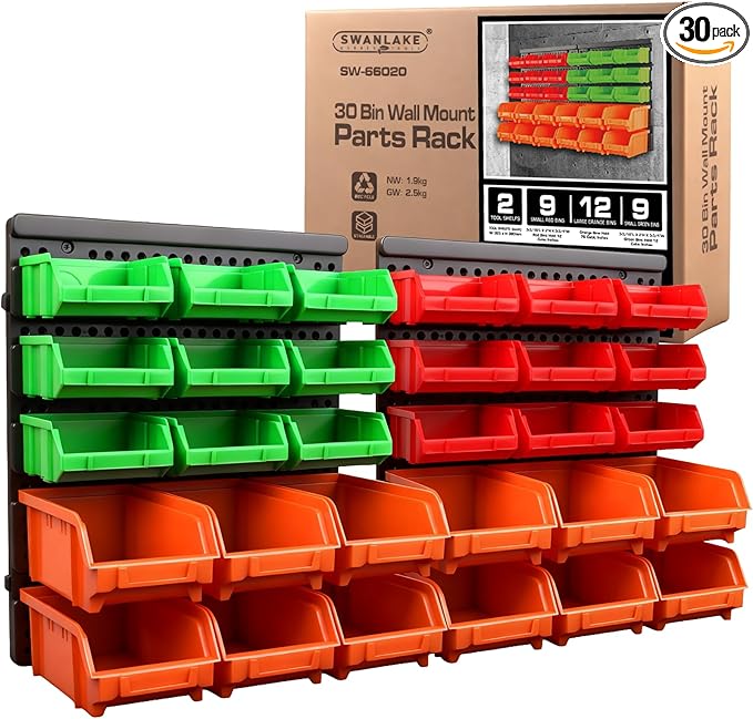 SWANLAKE GARDEN TOOLS 30-Bin Wall-Mounted Storage Bins, Heavy-Duty Garage Tool Organizer for Screws, Nuts, Bolts, Nails, Small Hardware Parts - Easy Installation and Customizable