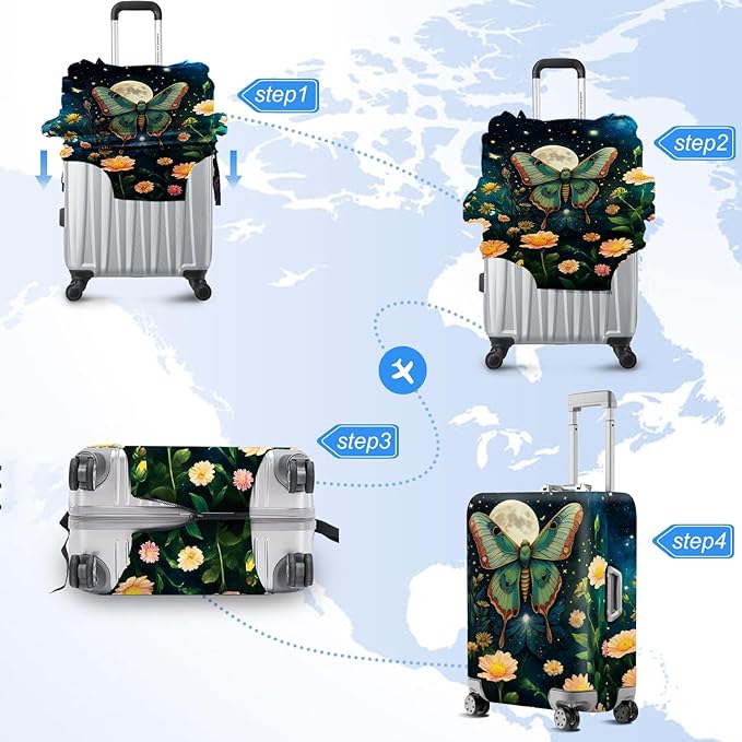 Moonlit Butterfly Flower MothTravel Luggage Cover -Stretchable Airplane Suitcase Protector Sleeve,Universal Washable Fit for 28-30 Inch Checked Baggage,Water Resistant Durable Luggage Protector