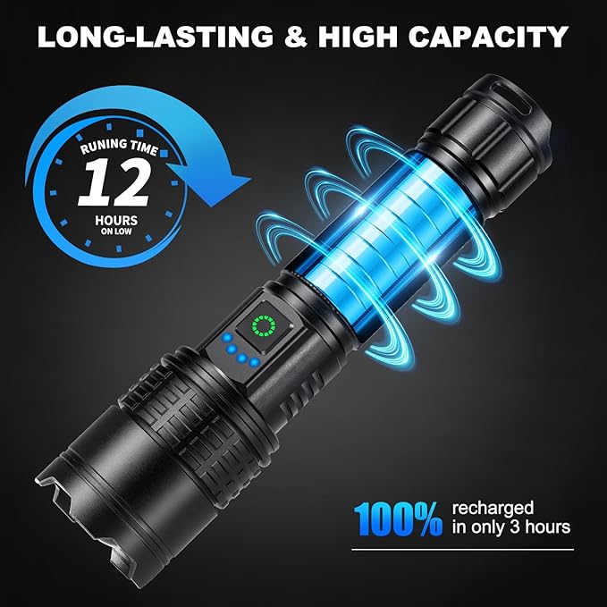 Kmivo Rechargeable Led Flashlight High Lumens - 99,000lm Bright Powerful Flash Light with 5 Modes, Waterproof Handheld Linterna for Home, Camping(3 Packs)