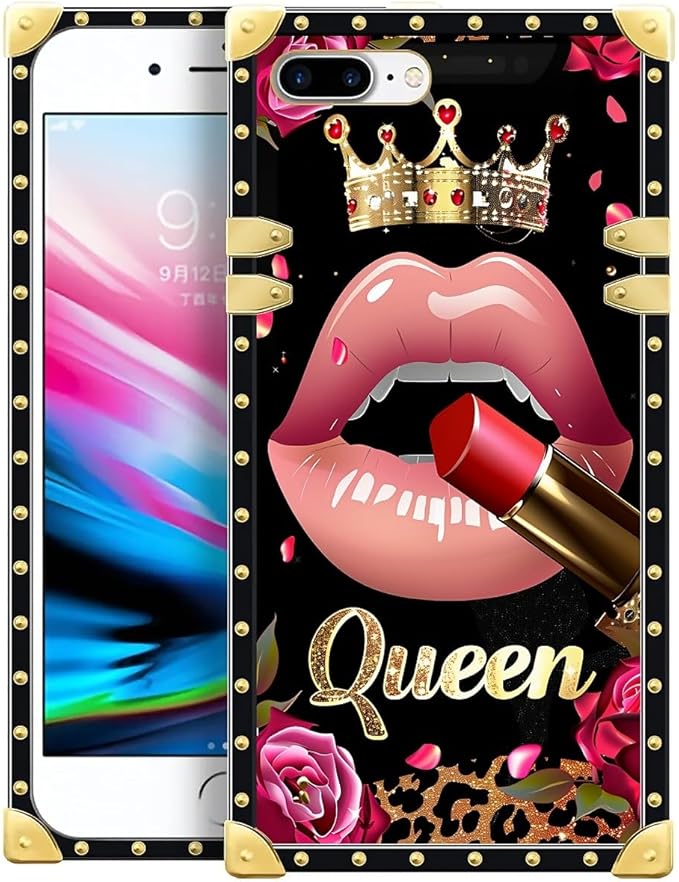 Compatible with iPhone 8 Plus 7 Plus Case, Glitter Red Rose Queen Leopard Lipstick Luxury Golden Decoration for Girl Women Soft TPU Shockproof Protective Hard PC Back