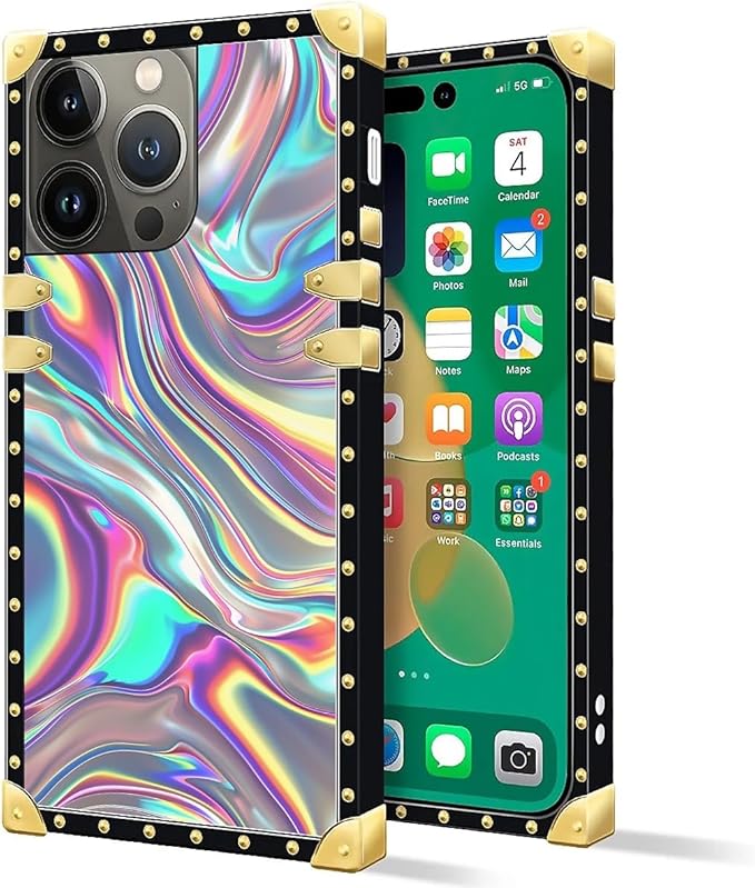 Compatible with iPhone 14 Pro Max Case, Holographic Abstract Iridescent Textures Luxury Golden Decoration for Girl Women Soft TPU Shockproof Protective Hard PC Back