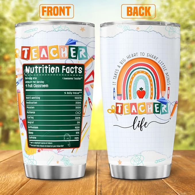 Teacher Appreciation Gift for Women, Cute Rainbow Design Stainless Steel Tumbler, 20oz Insulated Travel Cup with Nutrition Facts, Back to School, End of Year, Birthday Thank You Idea