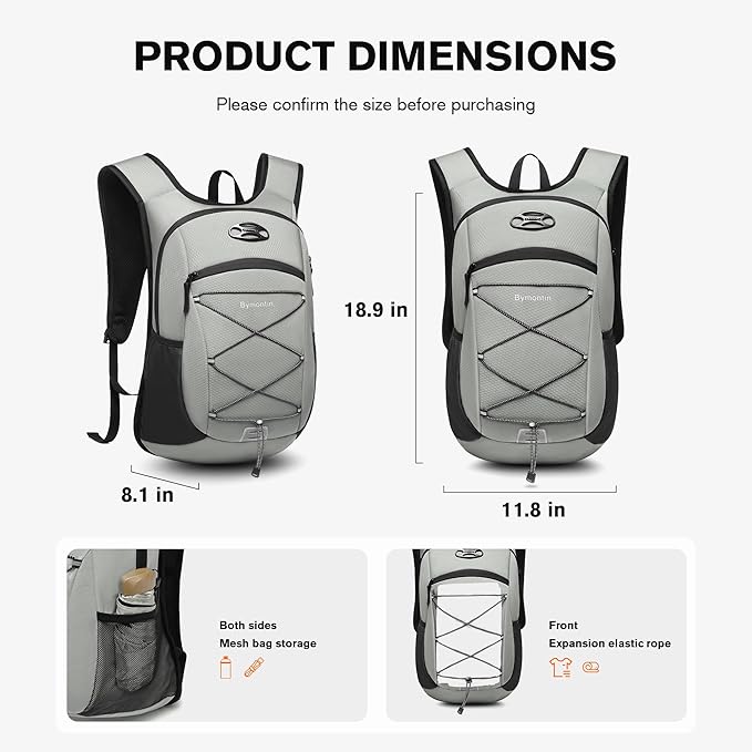 Ultra-Light Soft Daypack 15L/20L, Cushioned Breathable Back Panel Backpack, Lightweight Packable Travel Backpack (Gray, 20L)