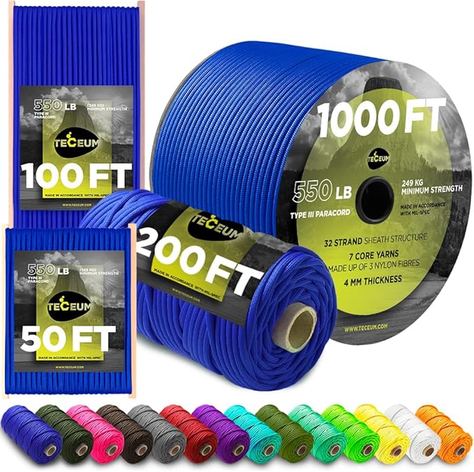 TECEUM Reflective Paracord Rope 1000 – 1000ft/200ft/100ft/50ft – 40+ Colors – Glow in The Dark – para Cord – Utility Rope for Survival, Hunting & Camping Gear – Nylon String, Camping Rope, Tent Cord