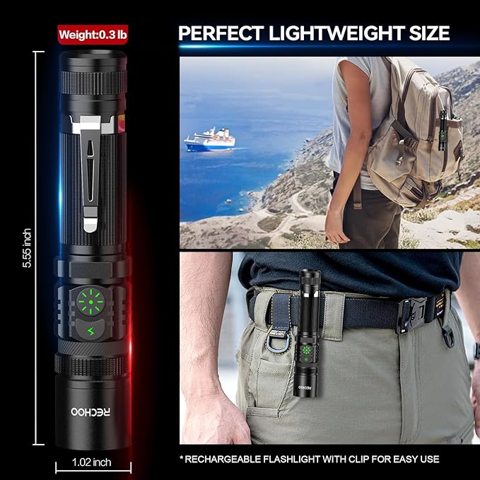RECHOO Flashlights USB Rechargeable 2 Pack Double Switch S3000L LED Tactical Flashlight High Lumens Super Bright 5 Modes Zoomable Waterproof Flashlight for Camping, Emergency