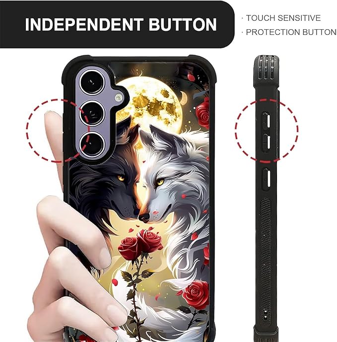for Samsung Galaxy S24 S25 Case, Black White Wolf Moon Flower Rose Pattern Graphic Design Girl Boy Soft Silicone Hard Acrylic Shock Protection for Samsung Galaxy S24 S25