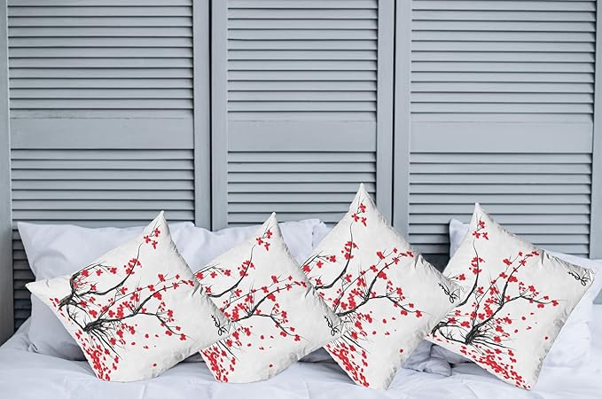 Ambesonne Nature Throw Pillow Cushion Case Pack of 4, Sakura Blossom Japanese Cherry Tree Garden Summertime Vintage Cultural Print, Modern Accent Double-Sided Digital Printing, 18", Grey Vermilion