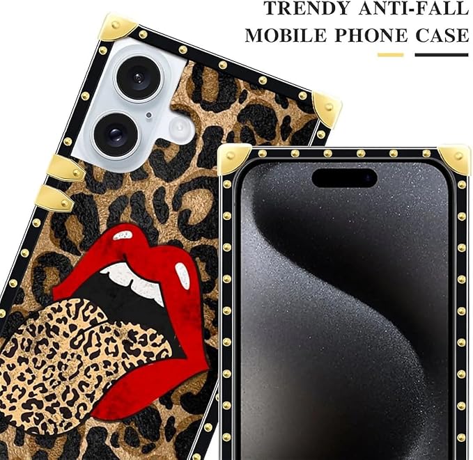 Compatible with iPhone 16 Case, Brown Leopard Print Mouth Luxury Golden Decoration for Girl Women Soft TPU Shockproof Protective Hard PC Back for iPhone 16